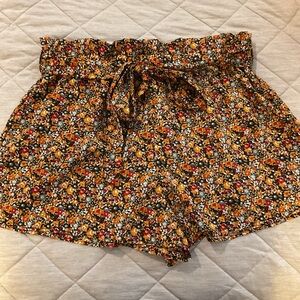 High Waist Orange and Red Floral Shorts